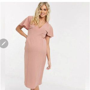 ASOS DESIGN | Maternity angel sleeve v neck midi shift dress in pink